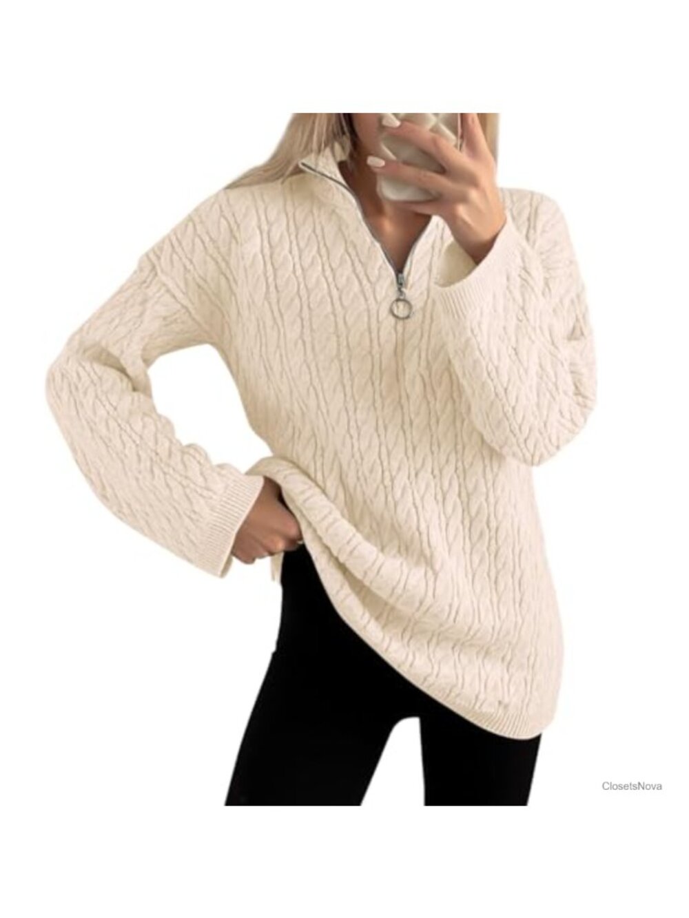 Cable Knit Half Zip Sweater Oversized Collared Long Sleeve Pullover Women